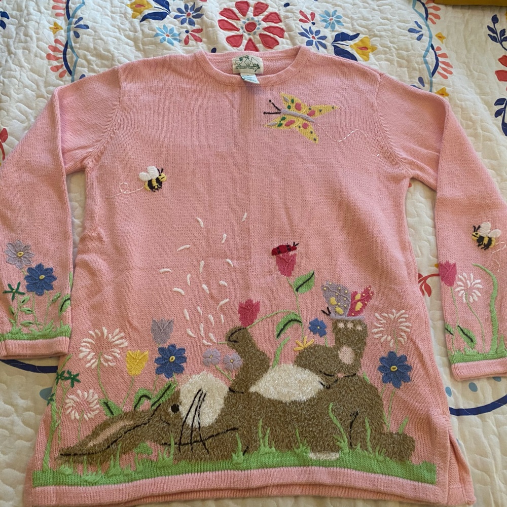 Quacker Factory spring sweater with bunny and flower details - size small